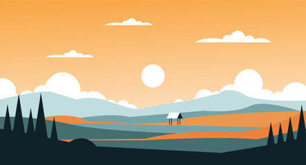 Minimalist landscape illustration of a hut in a valley at sunset or sunrise