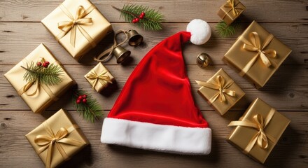 Christmas Gift Abundance: A festive composition of golden wrapped gifts, festive decorations, and a Santa's hat, elegantly arranged on a rustic wooden surface. Embracing the spirit of the season.