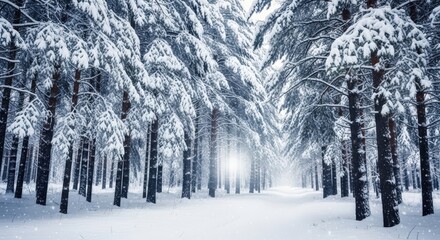 Winter Wonderland Path: A tranquil winter scene unfolds, with snow-laden trees forming an inviting path. Capturing the peace and beauty of a serene, snowy landscape.