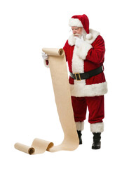 Santa Claus standing and reading long naughty or nice scroll list