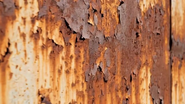 A vivid, dynamic close-up reveals a surface heavily affected by time and elements, showcasing extensive rust and layers of peeling paint. The rich, earthy palette of deep oranges, warm browns, and sub