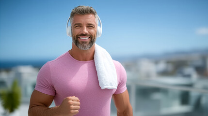 Man jogs outdoors looking at camera with headphones on. Vibrant city and ocean backdrop with clear blue sky. Concept of fitness, health, lifestyle