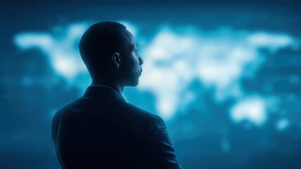 Strategic leader in digital technology marketing business, visionary executive silhouette watches global map in blue light, modern office mood, focused analysis and growth ambition