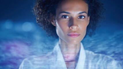 Confident woman leader portrait digital technology marketing business future focus innovation growth strategy success