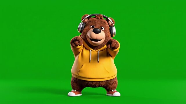 Cute dancing bear wearing headphones on a green screen background