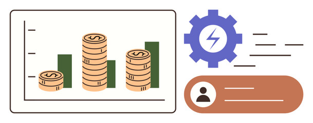 Chart with stacked coins and bar graph, gear with energy bolt, user icon, and interface elements. Ideal for finance, economy, business planning, analytics, productivity innovation simple flat