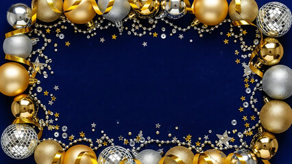 Festive Christmas frame of gold and silver baubles and garlands on a dark blue background.