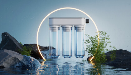 Naklejka premium Futuristic transparent water filter device showcasing clean technology. An innovation in water purification and sustainability for pure, eco lifestyle concept floating above water