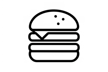 Hamburger icon outlining a sandwich with bun, patty, and cheese, symbolizing fast food, delivery service, and menu items
