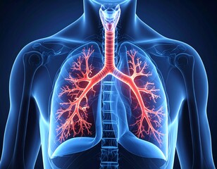 3D medical illustration of the human respiratory system, prominently featuring the lungs, trachea, and bronchial tree within a translucent body.