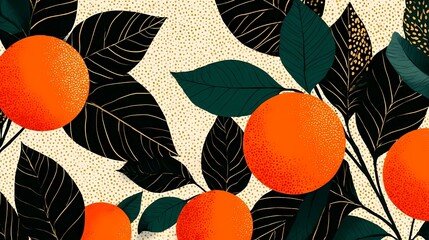 orange and leaves seamless pattern