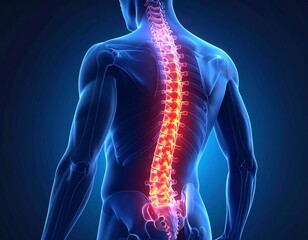 Human spine illustration with highlighted vertebrae in red, showcasing the skeletal structure and spinal column against a blue background.