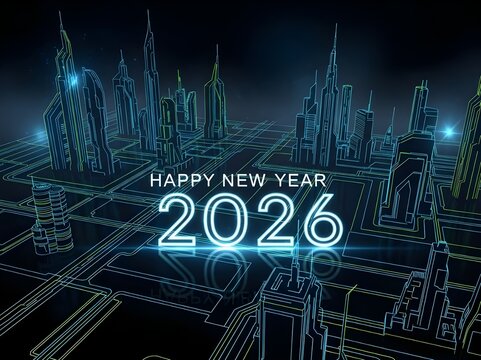 Illuminated digital city landscape celebrating Happy New Year 2026, a futuristic concept of urban progress and technological advancement