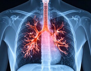X-ray image of a human chest showing lungs, trachea, and rib cage with highlighted bronchial tree and respiratory system.