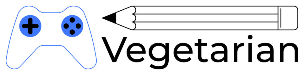 Gaming, education, creativity, vegetarianism, hobbies, lifestyle. A gaming controller, a pencil and the word Vegetarian in bold. Gaming and vegetarianism concept intertwined with hobbies