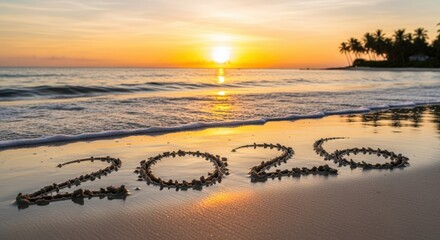 Sunset on the horizon: 2026 written on sand, a serene beach scene capturing the essence of a new year. A tranquil moment of optimism and promise. 