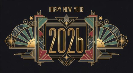 Art Deco New Year's: A vintage-inspired greeting celebrating the arrival of the New Year, showcasing an elegant design of the 1920s era, with the year 2026.