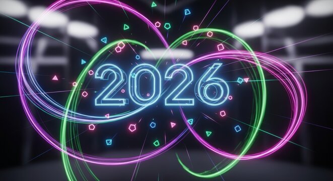 Digital Infinity: Illuminated with neon-bright energy, the year 2026 pulsates, encircled by dynamic light trails and symbolic shapes.