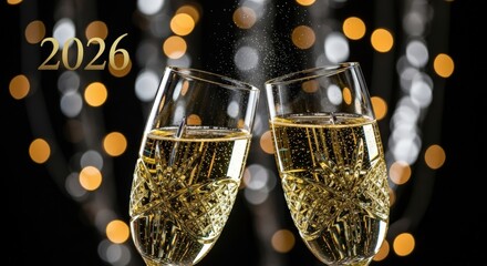 New Year Toast: A close-up shot of two champagne glasses clinking together, symbolizing a toast to the New Year 2026, with the bubbly liquid inside shimmering under the warm glow.