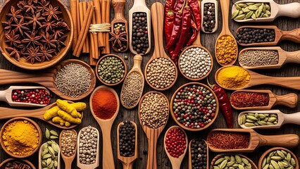 Colorful Spices Collection in Wooden Spoons and Bowls on Rustic Table