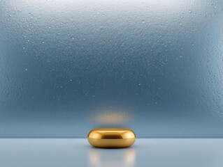 Golden object displayed on minimalist surface against textured blue background studio photography modern aesthetics