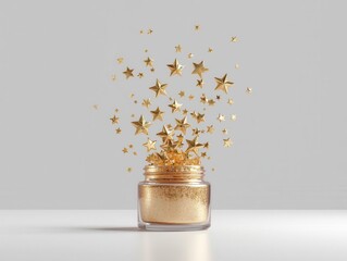 Sparkling gold stars floating from a jar creative studio digital art minimalist close-up view fantasy concept