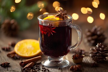 Cozy glass of traditional mulled wine (Gl&uuml;hwein) with orange, cinnamon, and star anise on a dark wooden background, illuminated by warm festive Christmas bokeh lights.