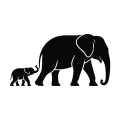Fototapeta premium Silhouette vector image of a an elephant mother and baby walking,, on white background.