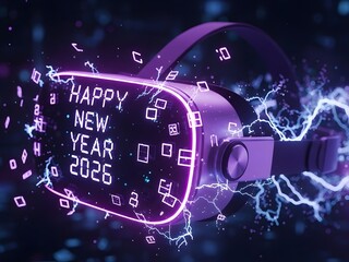 Future New Year 2026 Immersive digital world conceptual design with virtual reality headset, electric waves and particles