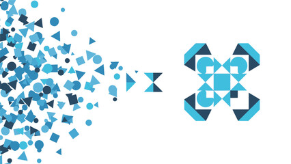 Abstract graphic depicting the dynamic flow and organization of disparate geometric elements, culminating in a structured, complex symmetrical design