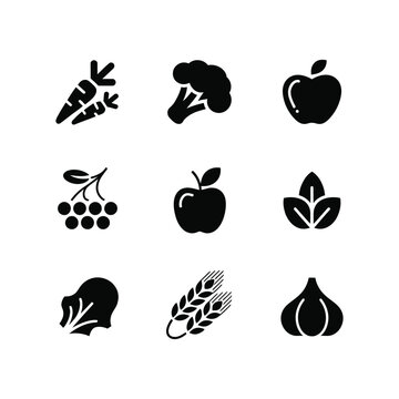 Create 9 icon Bundle of Silhouette vector image of Organic Food Silhouette Bundle blake silhouette whit a white background.