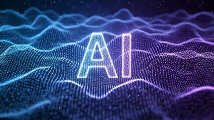 Futuristic AI concept with glowing digital particles forming waves, perfect for technology, science, and innovation presentations and marketing materials