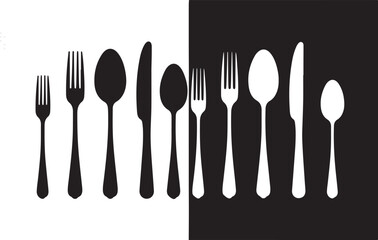 Black and white silverware and cutlery silhouettes isolated for dining, food, or restaurant logo design.