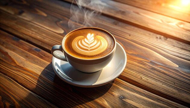 A beautifully crafted cup of steaming hot latte with delicate foam art, resting on a rustic wooden table bathed in the warm, golden glow of early morning sunlight, a perfect moment