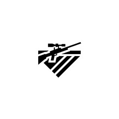 Silhouette of sniper rifle on striped diamond shaped emblem on transparent background