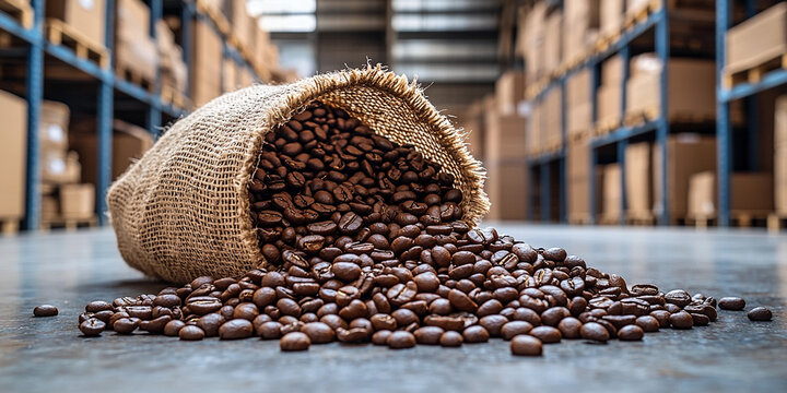 Burlap sack spills roasted coffee beans in storage area Generative AI