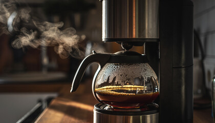 Freshly brewed coffee steaming in a modern coffeemaker ready to energize your day and boost productivity, a perfect start to the morning ritual