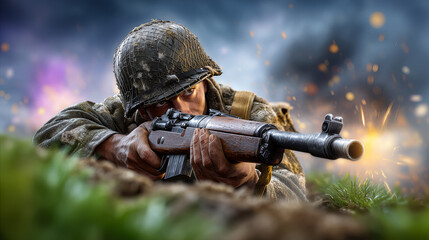 Obraz premium Soldier takes aim with rifle in midst of battlefield. Explosions and smoke create dramatic environment. Concept of military, defense, video game, war simulation