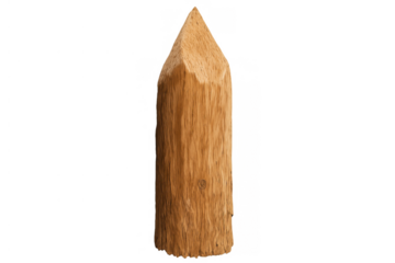 Wooden stake standing upright, featuring a sharp pointed end and natural wood texture. Transparent background