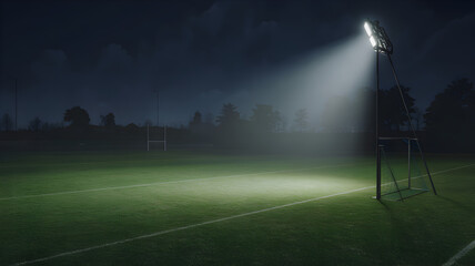 Night view of sports field under stadium lighting, artificial turf.