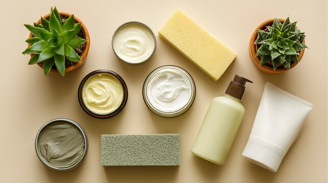 Various natural skincare and beauty products with potted succulents