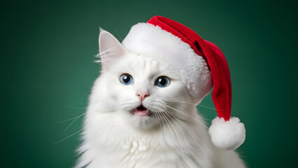Adorable white cat wearing Santa hat against festive green backdrop, perfect for holiday greetings and heartwarming seasonal campaigns