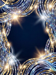 Party invitation concept. A dark blue background with a decorative frame made of curved lines of iridescent metallic sequins.  Space for text. 