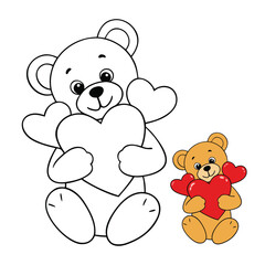 Cute cartoon teddy bear hugging a big bunch of hearts, smiling sweetly. Simple bold outlines, adorable pose, and charming details make this a perfect, lovable coloring page.
