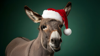 Delightful donkey donning a Santa hat brings festive cheer for heartwarming holiday designs and humorous Christmas campaigns, offering a unique seasonal twist