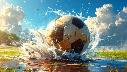 Soccer ball splashing into water with vibrant blue and orange-red background in dynamic artistic composition