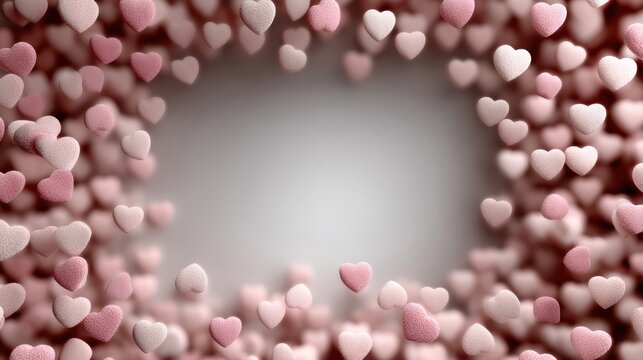 Modern graphic design, grid of small hearts fading out towards center, soft background, central text area