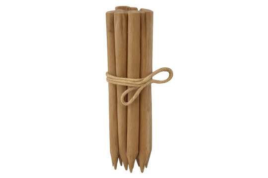 Bundle of unsharpened wooden garden stakes tied with twine, used for plant support and gardening on transparent background