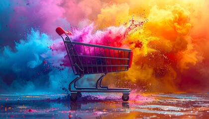 Empty shopping cart on reflective surface with vibrant paint splashes in pink, yellow, orange, and blue