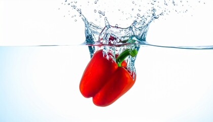 Red bell pepper splashing into water with bubbles and ripples on gradient white-blue background